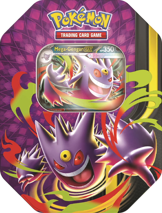 Pokémon Mega-Gengar ex Tin, lila Vor-Design mit Mega-Gengar und Trading-Card-Logo
