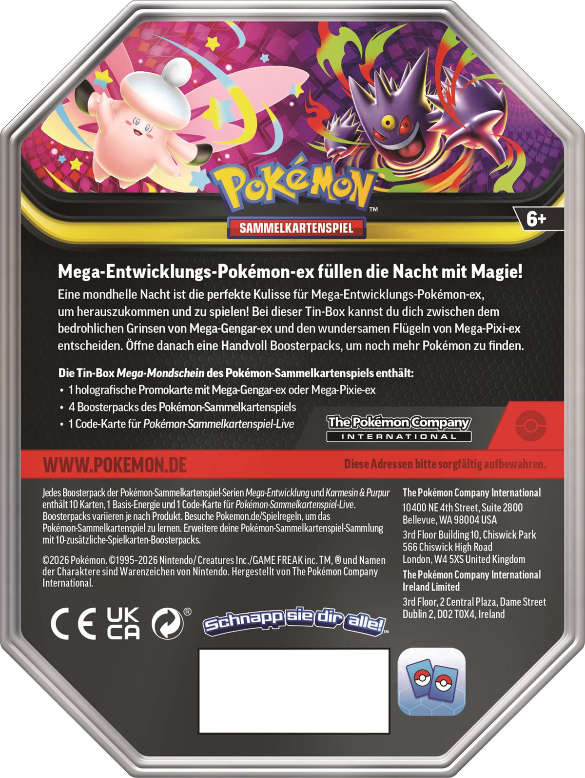 Sechseckige Metall-Dose für Pokémon Sammelkarten-Spiel, Rückseite mit Warnhinweisen