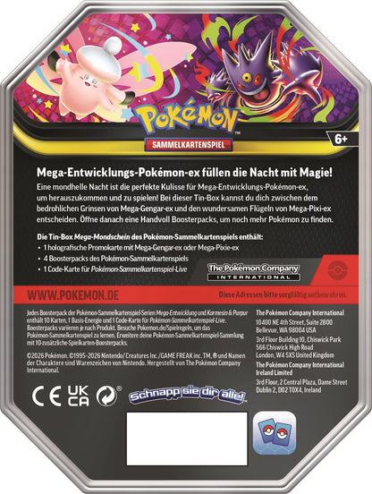 Sechseckige Metall-Dose für Pokémon Sammelkarten-Spiel, Rückseite mit Warnhinweisen