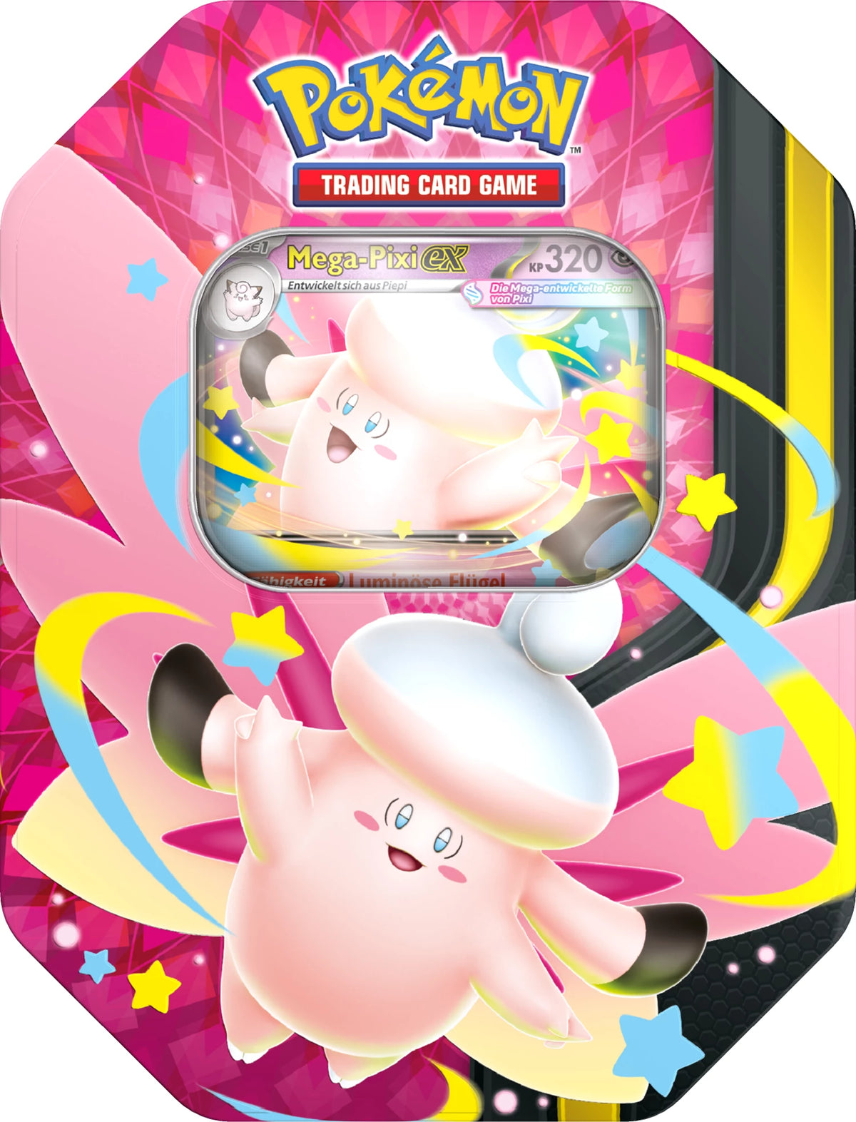 Sechseckige Metall-Dose mit Pokémon TCG Motiv von Mega-Pixi ex und Sterne-Design