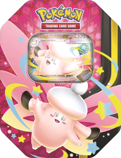 Pokémon Trading-Card-Tin mit Mega Clefable ex Artwork, pinken und bunten Sternen