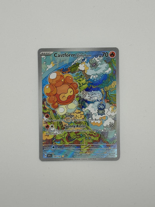 Pokémon-Karte mit Castform Sunny Form Illustration, Stufe 70, blaues Kartendesign