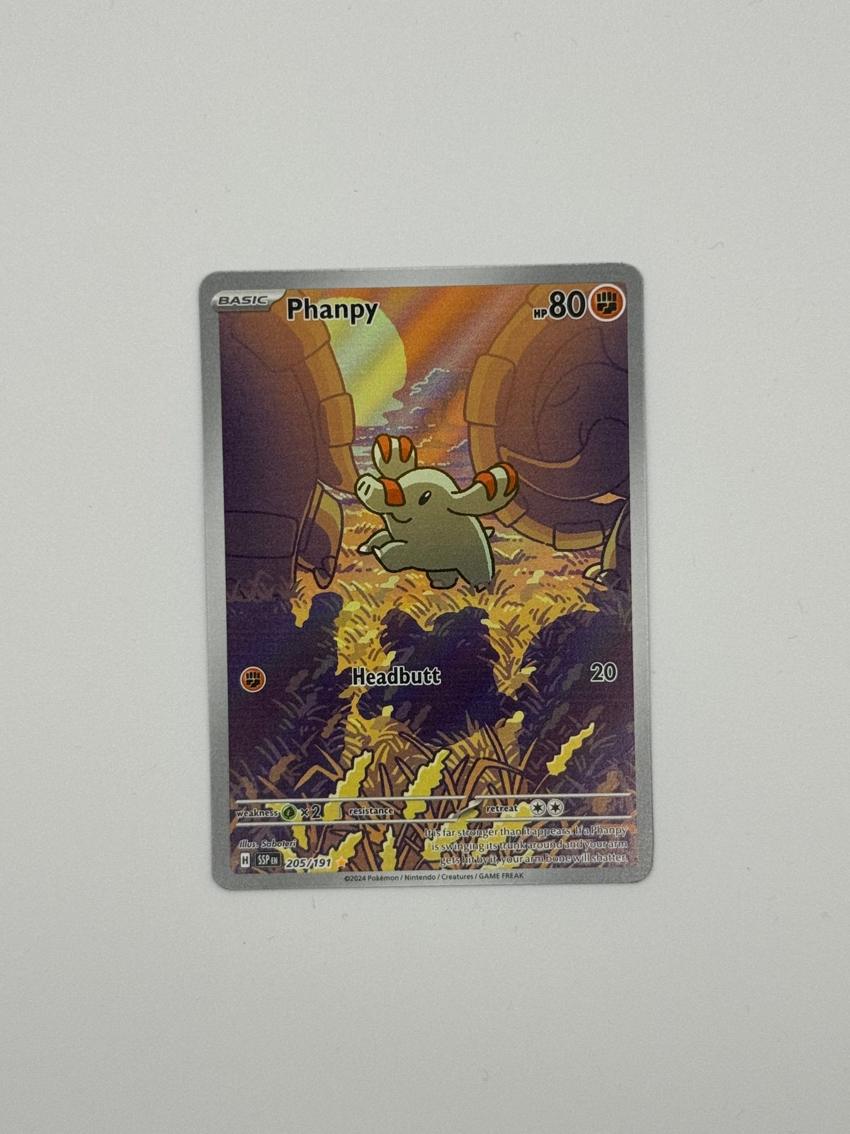 Seltene Phanpy Full-Art Karte mit grüner Kreatur im Höhlen-Design, Headbutt