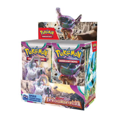 Pokémon Boosterbox „Entwicklungen in Paldea“ mit Sammelkarten-Packs im Karton