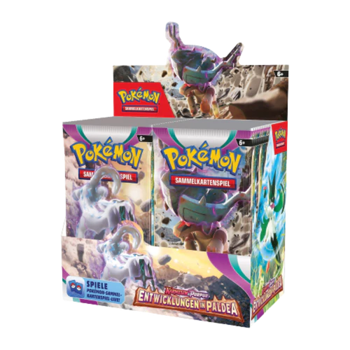 Pokémon Boosterbox „Entwicklungen in Paldea“ mit Sammelkarten-Packs im Karton