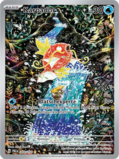 Pokémon-Karte mit Karpador und Wasserattacken, violettem Hintergrund, 30 KP