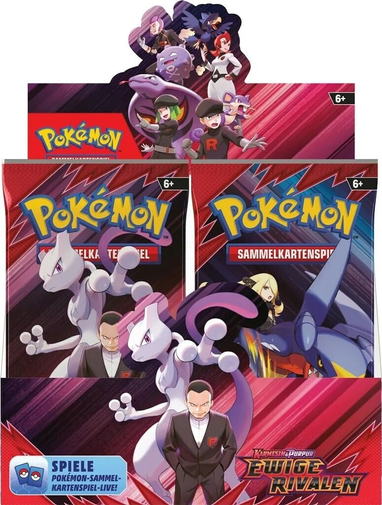 Pokémon Boosterbox mit drei Sammelkarten-Boostern, violetten Motiven und Logo
