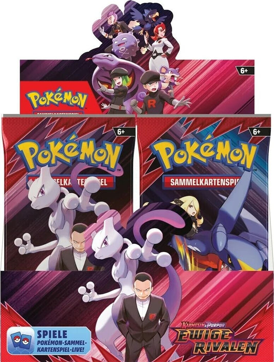 Pokémon Boosterbox mit drei Sammelkarten-Boostern, violetten Motiven und Logo