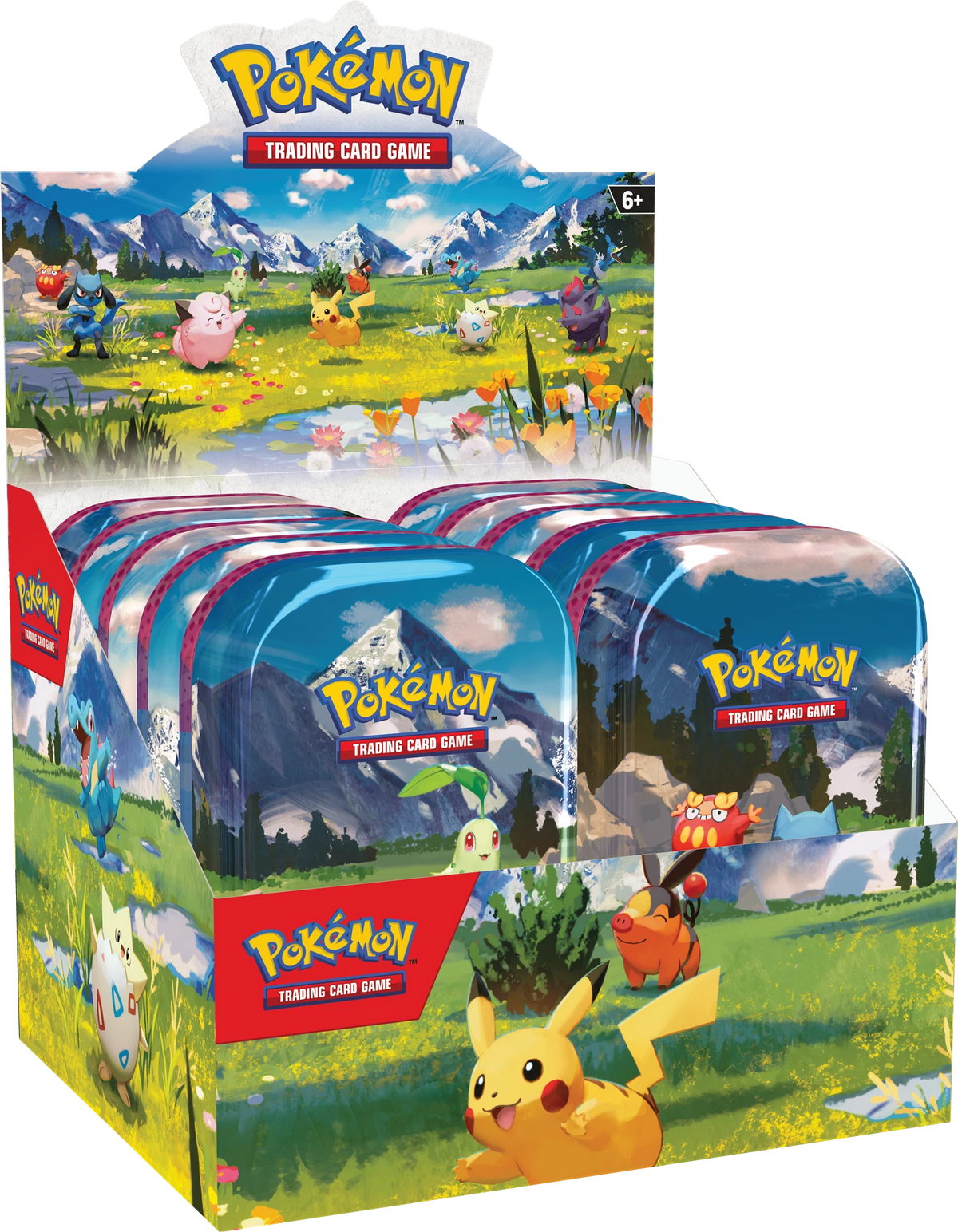 Pokémon Mini-Tin Packung mit blauem Landschaftsdesign und Pokémon-Charakteren