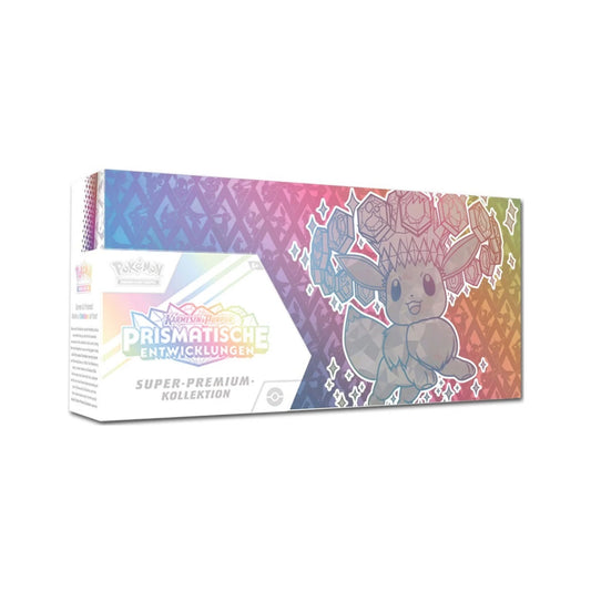 Pokémon Sammelkartenbox mit prismatischem Design und Aufdruck „Prismatische Entwicklungen“
