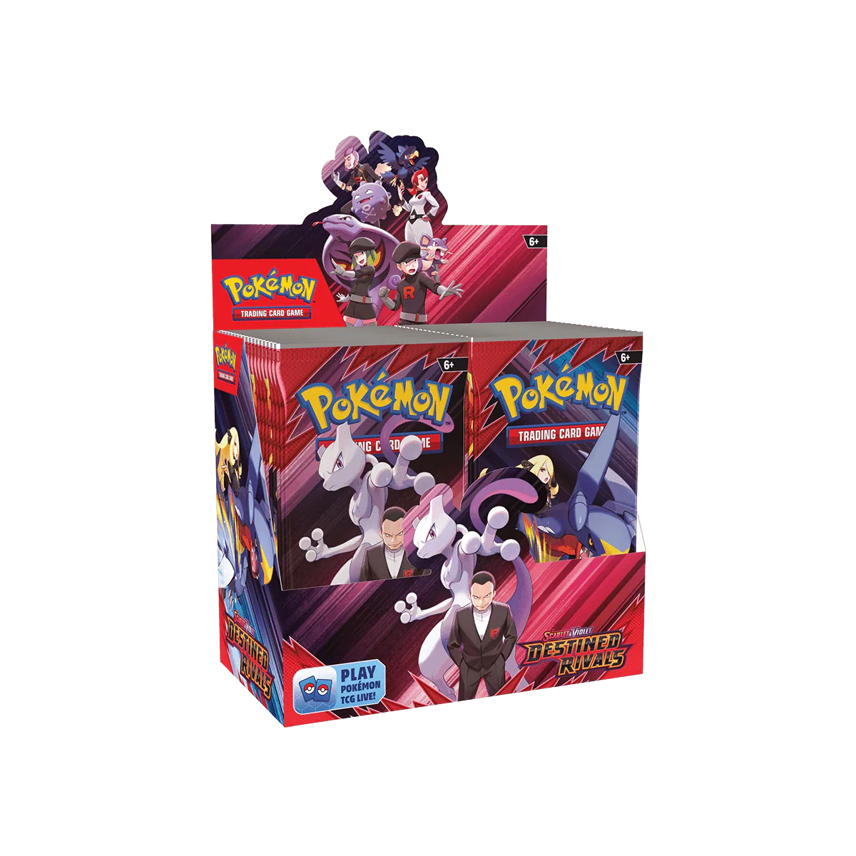 Pokémon Boosterbox „Destined Rivals“ mit lila-rotem Design und Figurenillustrationen