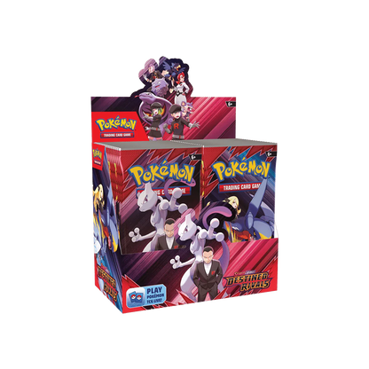Pokémon Boosterbox „Destined Rivals“ mit lila-rotem Design und Figurenillustrationen