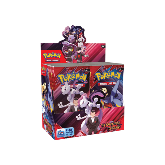Pokémon Boosterbox „Destined Rivals“ mit lila-rotem Design und Figurenillustrationen