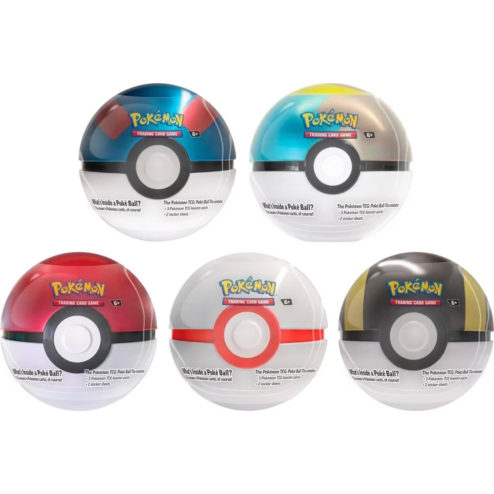 Poké Ball-Verpackungen: fünf Pokémon-Poké-Balls in verschiedenen Farben