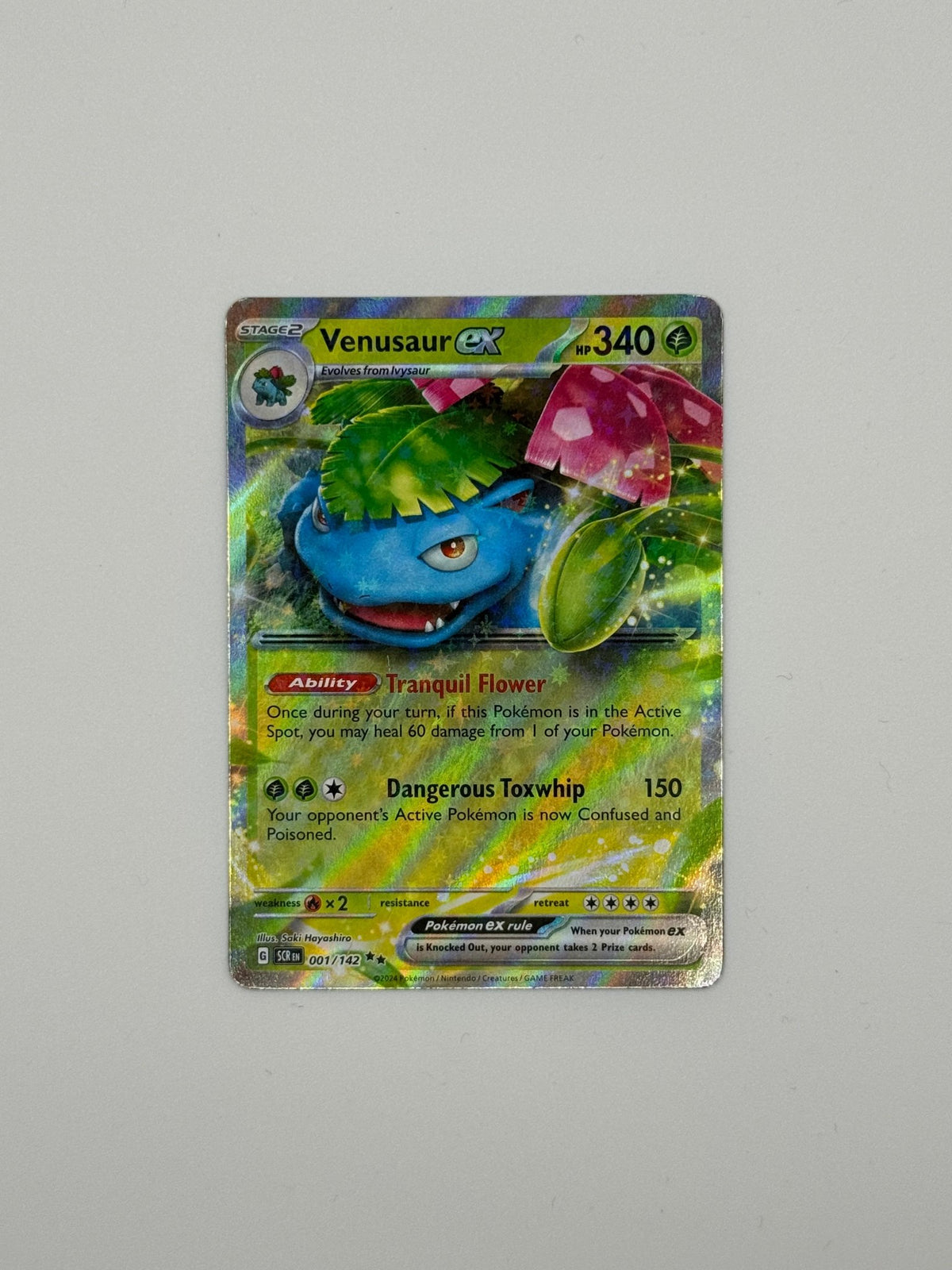Holografische Pokémon-EX-Karte mit Venusaur in blau-grünem Pflanzenmotiv, Blick ins Artwork